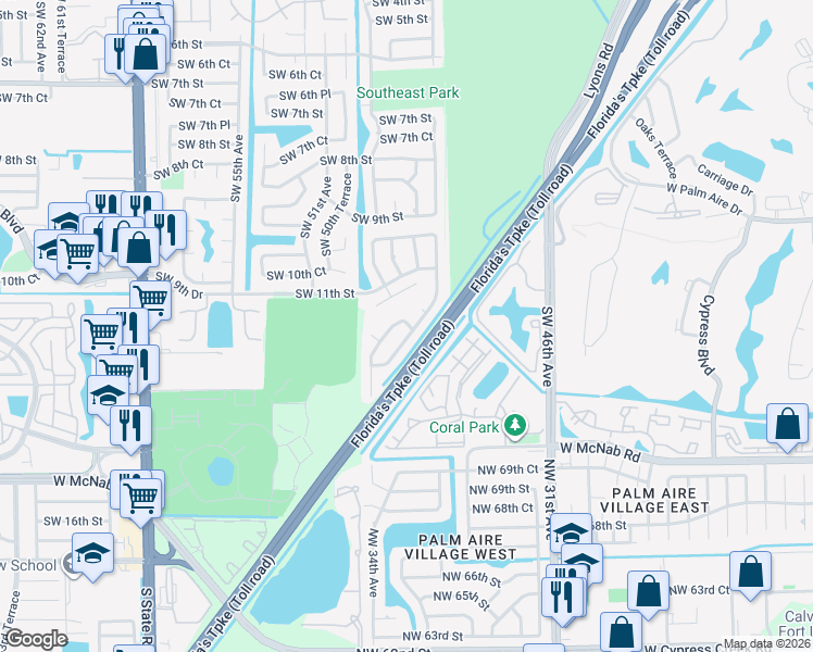 map of restaurants, bars, coffee shops, grocery stores, and more near 4916 Southwest 11th Place in Margate