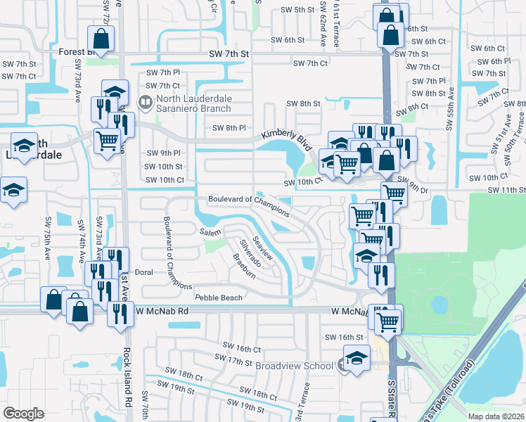 map of restaurants, bars, coffee shops, grocery stores, and more near 1041 West Jasmine Lane in North Lauderdale