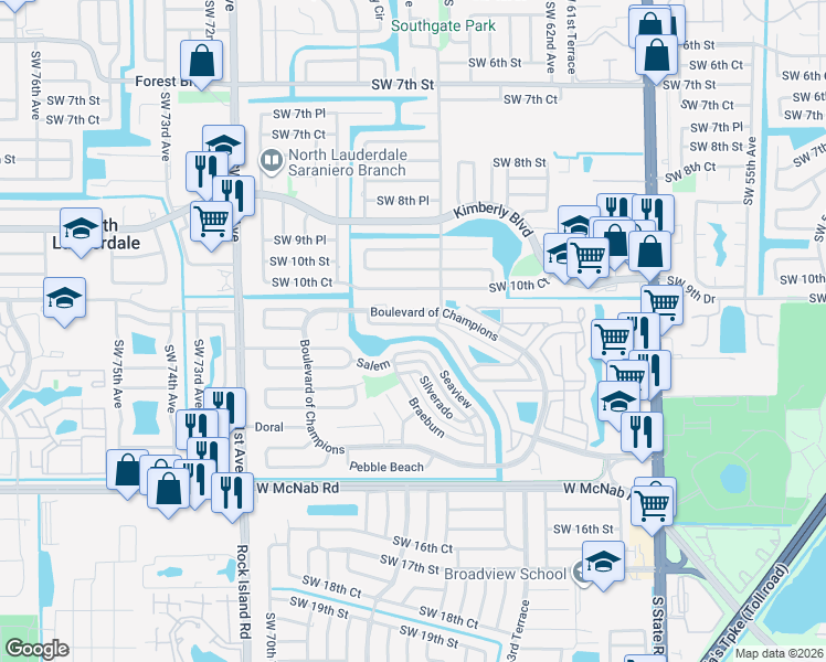 map of restaurants, bars, coffee shops, grocery stores, and more near 6526 Harbour Road in North Lauderdale