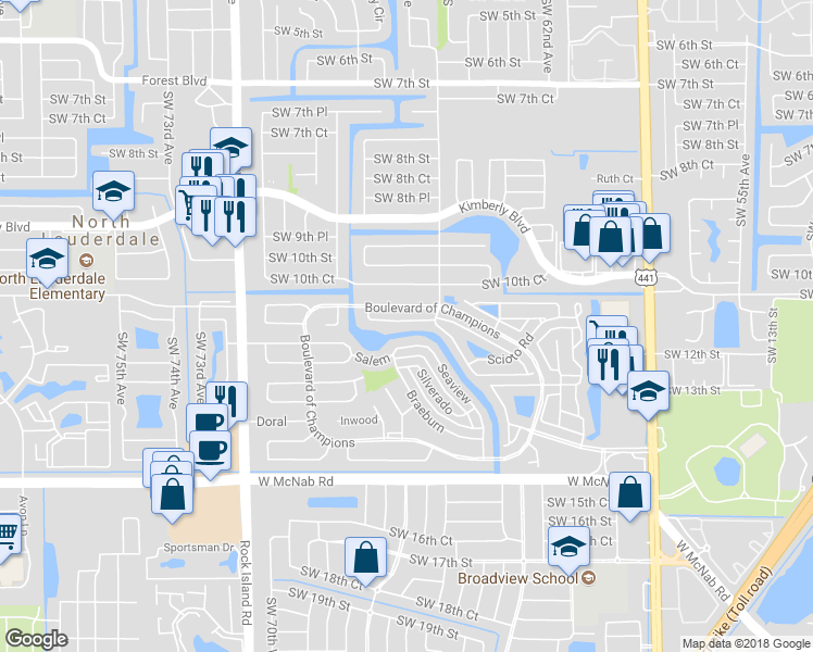 map of restaurants, bars, coffee shops, grocery stores, and more near 6526 Harbour Road in North Lauderdale