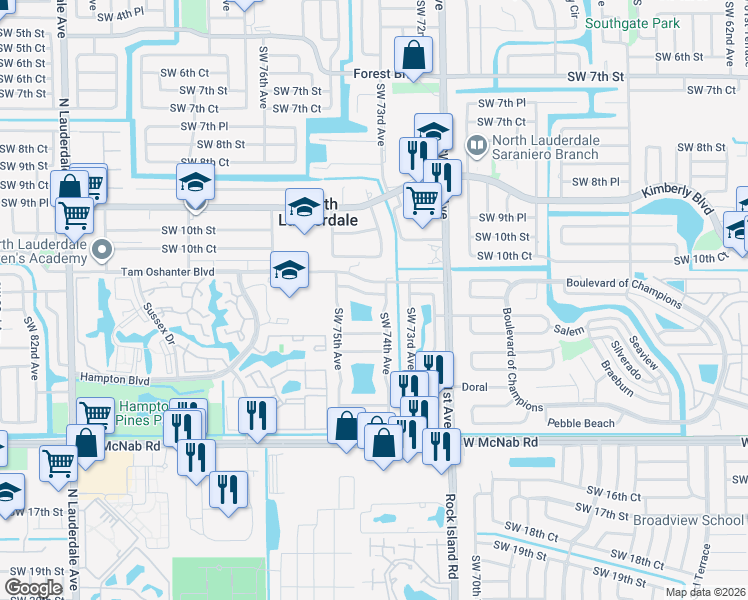 map of restaurants, bars, coffee shops, grocery stores, and more near 1200 Southwest 74th Avenue in North Lauderdale