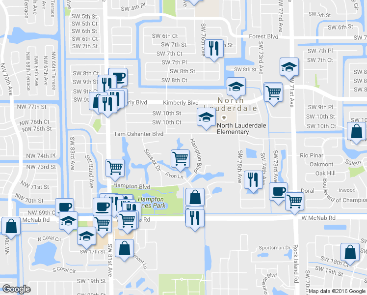map of restaurants, bars, coffee shops, grocery stores, and more near 1249 Sussex Drive in North Lauderdale