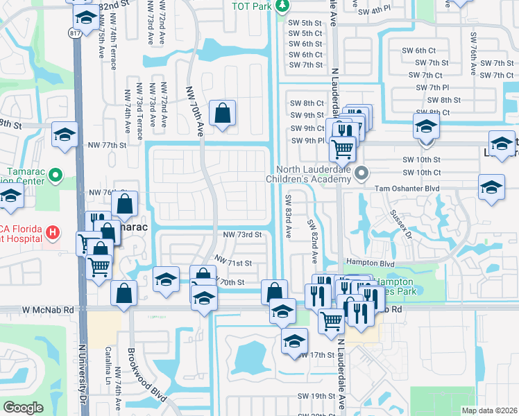 map of restaurants, bars, coffee shops, grocery stores, and more near 7500 Northwest 66th Terrace in Tamarac