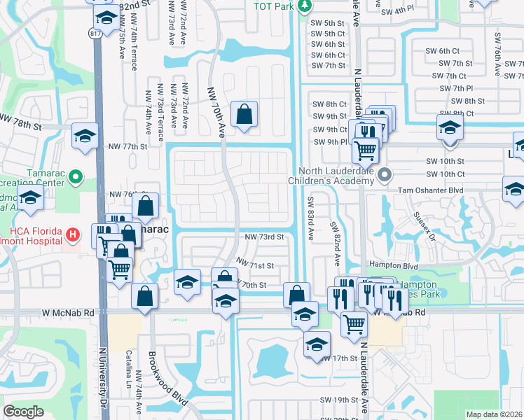 map of restaurants, bars, coffee shops, grocery stores, and more near 6800 Northwest 75th Court in Tamarac