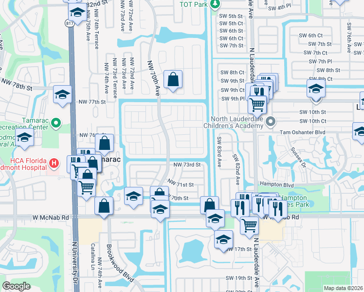 map of restaurants, bars, coffee shops, grocery stores, and more near 6800 Northwest 75th Court in Tamarac