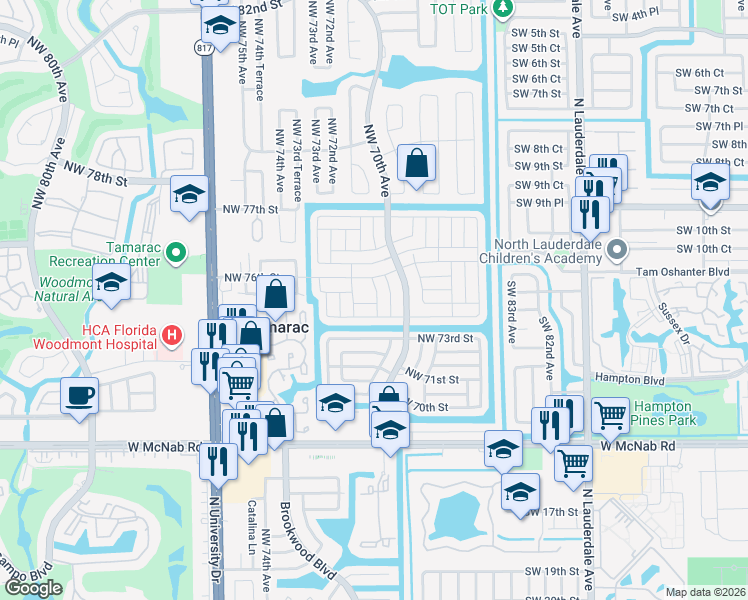 map of restaurants, bars, coffee shops, grocery stores, and more near 7502 Northwest 71st Avenue in Tamarac