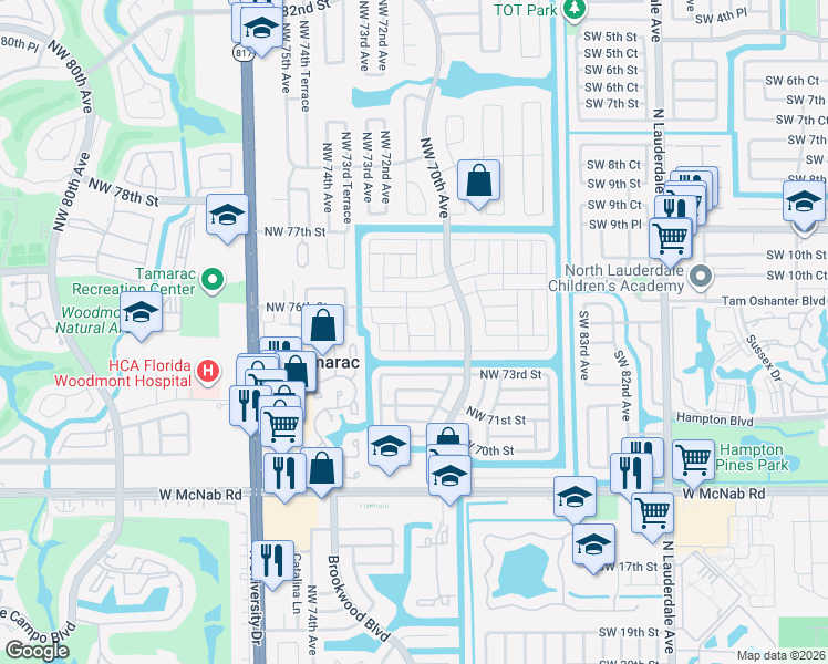 map of restaurants, bars, coffee shops, grocery stores, and more near 7502 Northwest 72nd Terrace in Tamarac