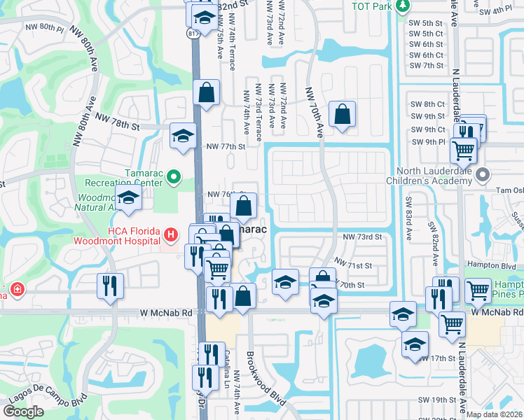 map of restaurants, bars, coffee shops, grocery stores, and more near 7310 Northwest 75th Street in Tamarac