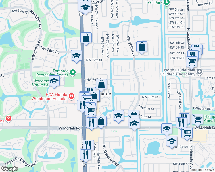 map of restaurants, bars, coffee shops, grocery stores, and more near 7310 Northwest 75th Street in Tamarac