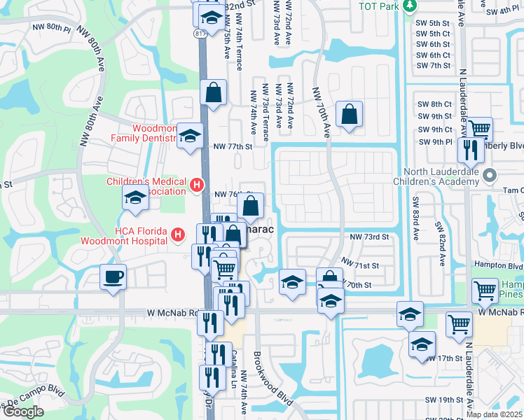 map of restaurants, bars, coffee shops, grocery stores, and more near 7310 Northwest 75th Street in Tamarac
