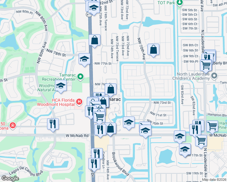 map of restaurants, bars, coffee shops, grocery stores, and more near 7410 Northwest 75th Street in Tamarac