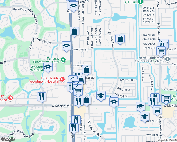 map of restaurants, bars, coffee shops, grocery stores, and more near 7410 Northwest 75th Street in Tamarac