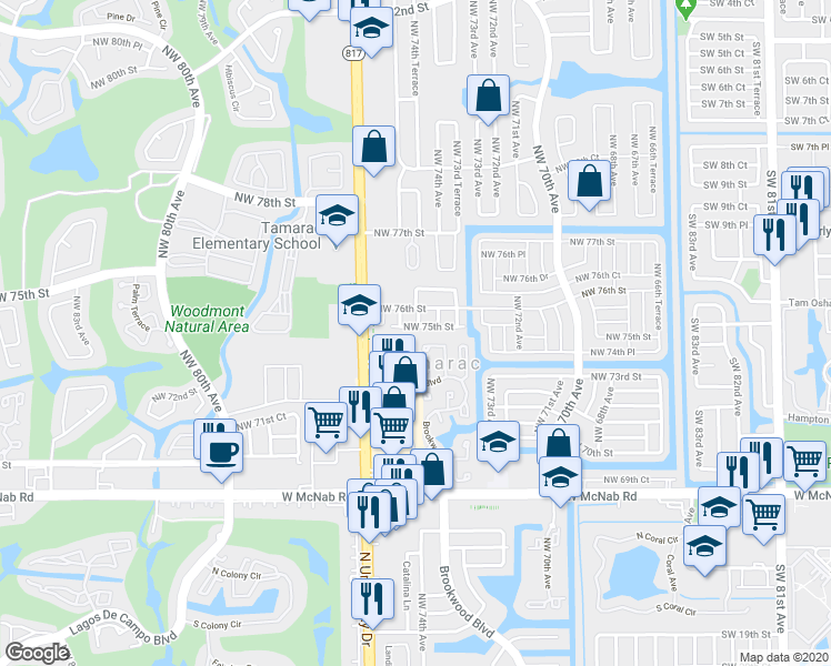 map of restaurants, bars, coffee shops, grocery stores, and more near 7410 Northwest 75th Street in Tamarac