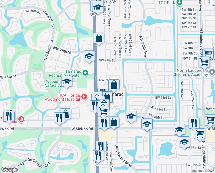 map of restaurants, bars, coffee shops, grocery stores, and more near 7512 Northwest 75th Street in Tamarac