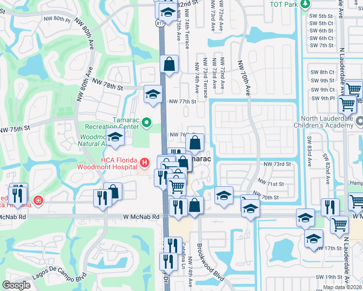 map of restaurants, bars, coffee shops, grocery stores, and more near 7512 Northwest 75th Street in Tamarac