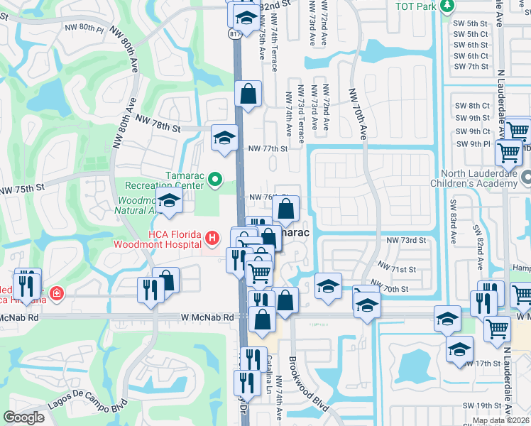 map of restaurants, bars, coffee shops, grocery stores, and more near 7512 Northwest 75th Street in Tamarac