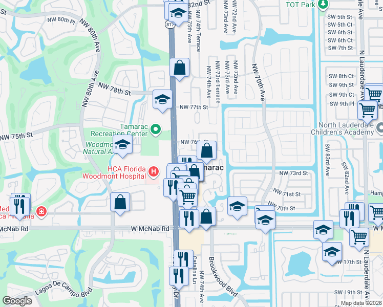 map of restaurants, bars, coffee shops, grocery stores, and more near 7512 Northwest 75th Street in Tamarac