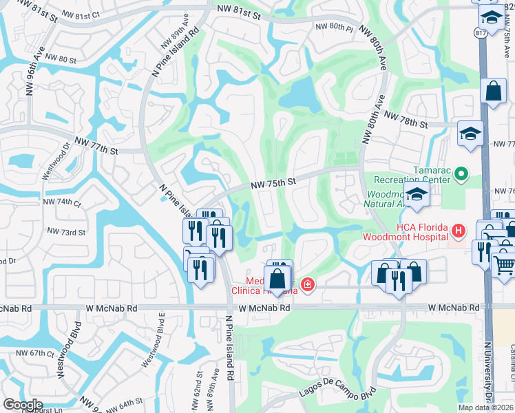 map of restaurants, bars, coffee shops, grocery stores, and more near 7408 Corkwood Terrace in Tamarac