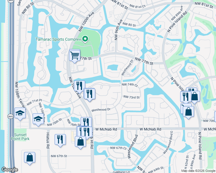 map of restaurants, bars, coffee shops, grocery stores, and more near 301 North Belfort Circle in Tamarac