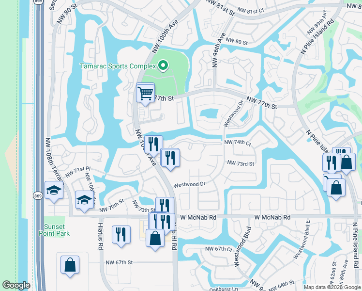 map of restaurants, bars, coffee shops, grocery stores, and more near 9784 North Belfort Circle in Tamarac