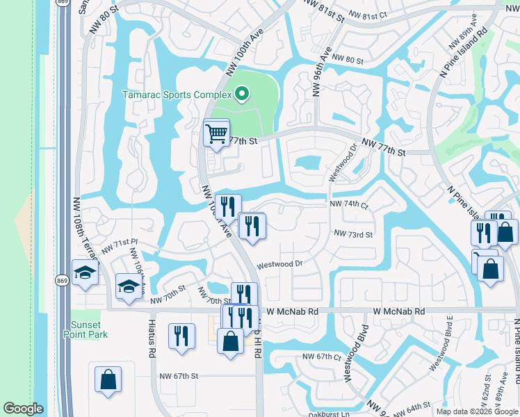 map of restaurants, bars, coffee shops, grocery stores, and more near 9784 North Belfort Circle in Tamarac