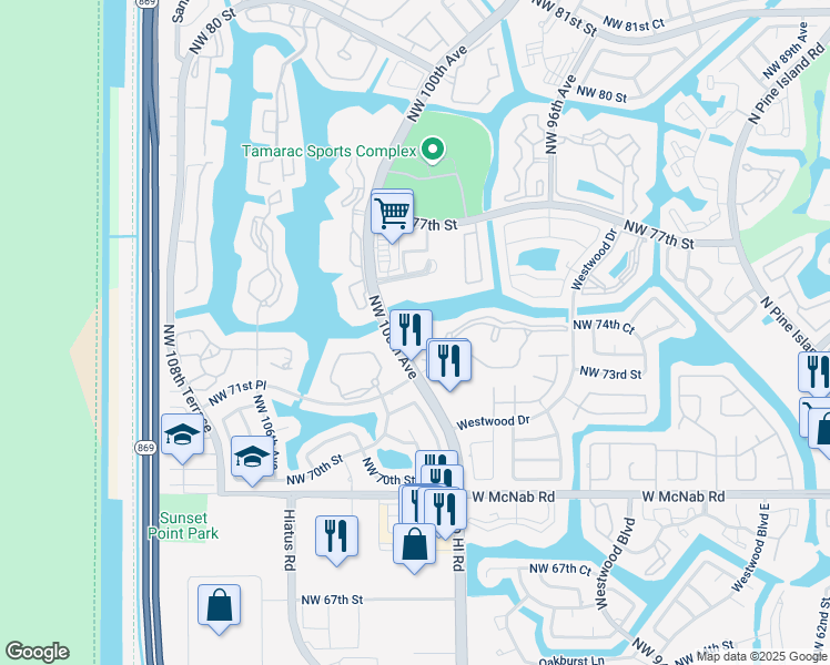 map of restaurants, bars, coffee shops, grocery stores, and more near 9953 North Belfort Circle in Tamarac