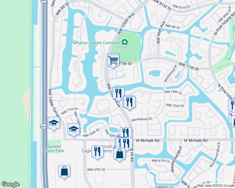 map of restaurants, bars, coffee shops, grocery stores, and more near 9955 North Belfort Circle in Tamarac
