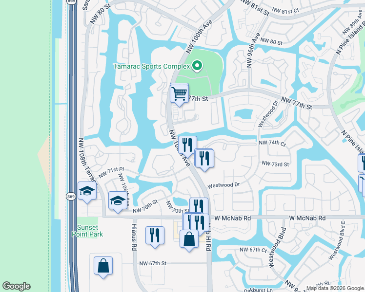 map of restaurants, bars, coffee shops, grocery stores, and more near 7214 Ashmont Circle in Tamarac