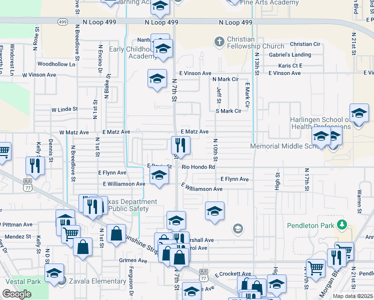 map of restaurants, bars, coffee shops, grocery stores, and more near 900 East Alcott Avenue in Harlingen