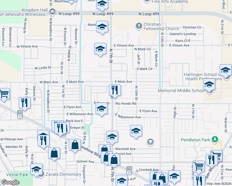 map of restaurants, bars, coffee shops, grocery stores, and more near 2202 North 7th Street in Harlingen