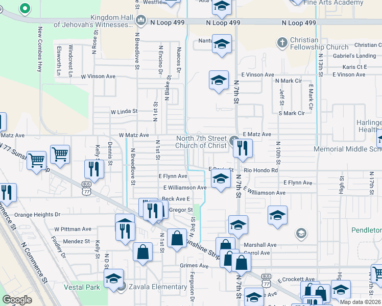 map of restaurants, bars, coffee shops, grocery stores, and more near 213 Hurst Avenue East in Harlingen