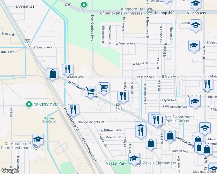 map of restaurants, bars, coffee shops, grocery stores, and more near 2101 North G Street in Harlingen