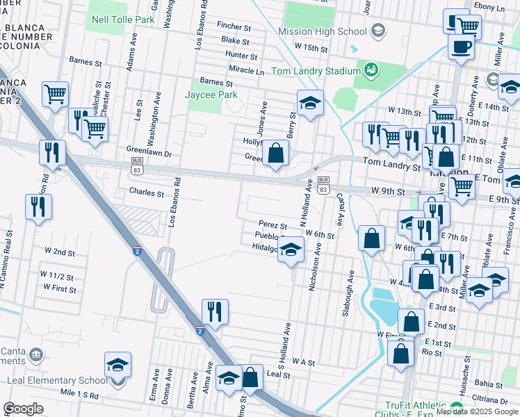 map of restaurants, bars, coffee shops, grocery stores, and more near 1013 Perez Street in Mission