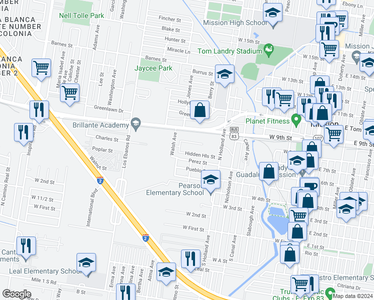 map of restaurants, bars, coffee shops, grocery stores, and more near 1013 Perez Street in Mission