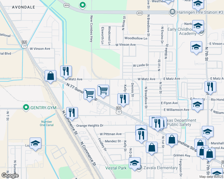 map of restaurants, bars, coffee shops, grocery stores, and more near 2114 North G Street in Harlingen