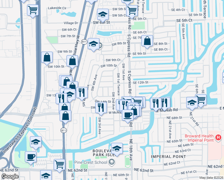 map of restaurants, bars, coffee shops, grocery stores, and more near 1234 Southwest 2nd Avenue in Pompano Beach