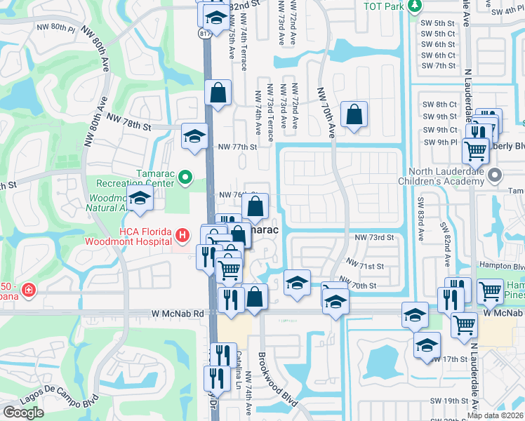 map of restaurants, bars, coffee shops, grocery stores, and more near 7410 Northwest 75th Street in Tamarac