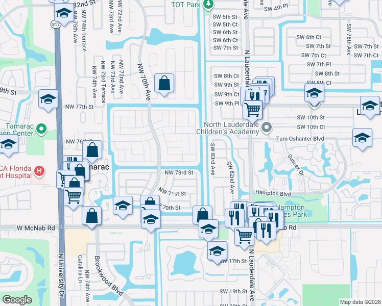map of restaurants, bars, coffee shops, grocery stores, and more near 7500 Northwest 66th Terrace in Tamarac