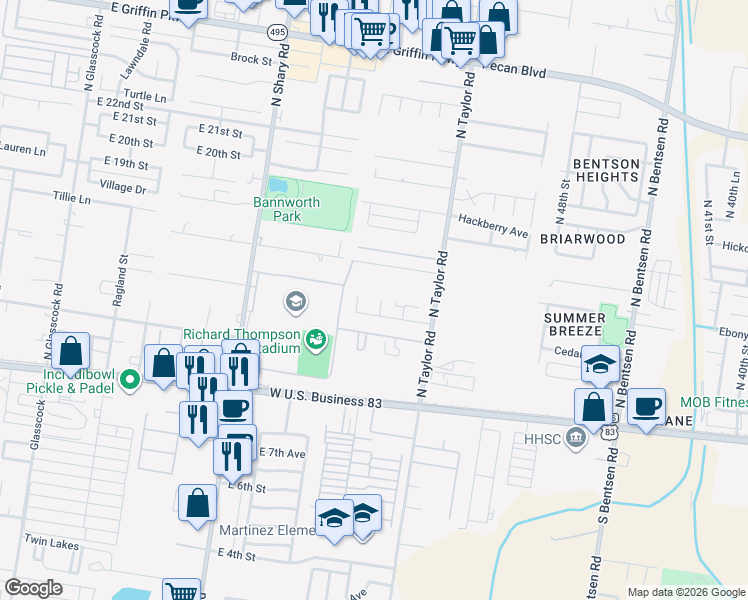 map of restaurants, bars, coffee shops, grocery stores, and more near 1406 Driftwood Drive in Mission