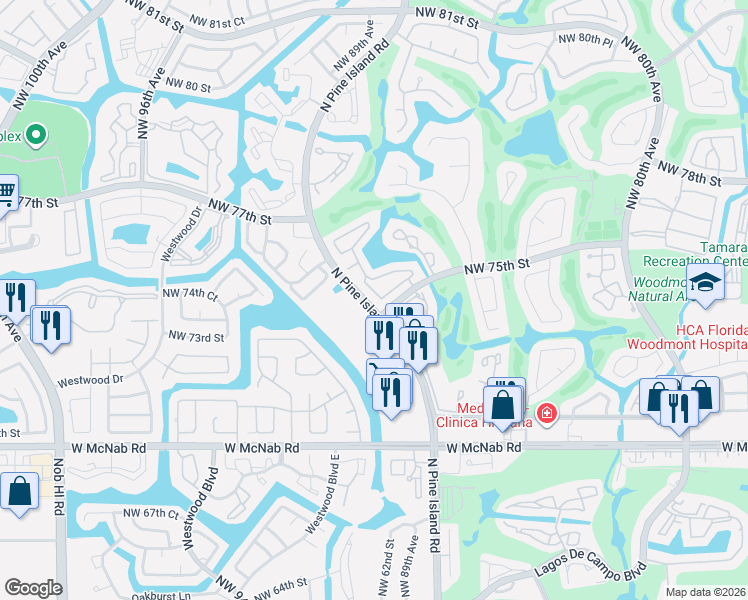 map of restaurants, bars, coffee shops, grocery stores, and more near 7521 Northwest 87th Way in Tamarac