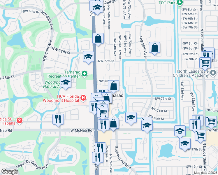 map of restaurants, bars, coffee shops, grocery stores, and more near 7410 Northwest 75th Street in Tamarac