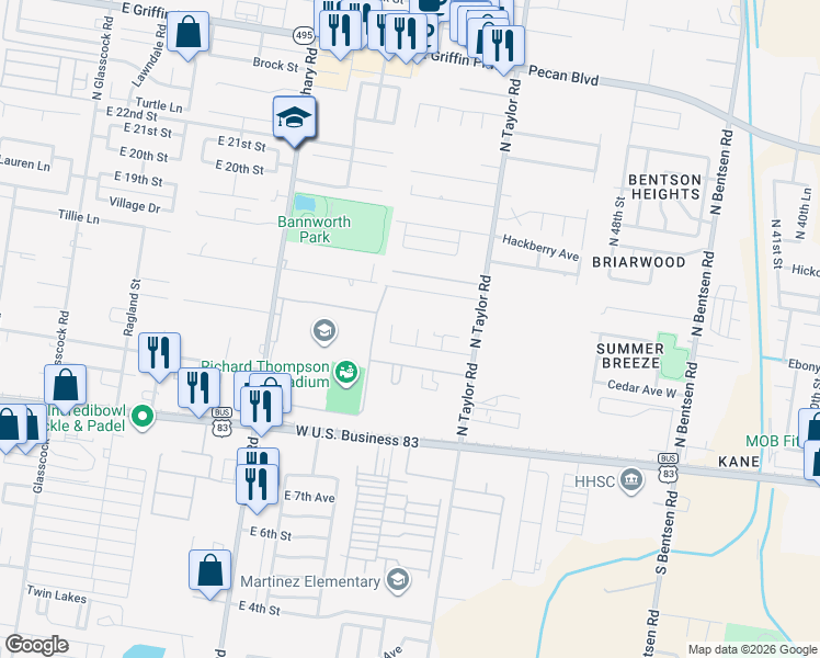 map of restaurants, bars, coffee shops, grocery stores, and more near 1406 Driftwood Drive in Mission