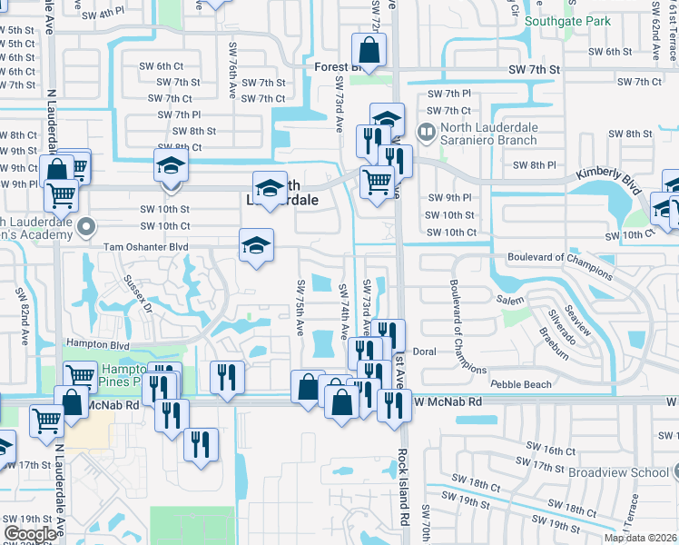 map of restaurants, bars, coffee shops, grocery stores, and more near 1200 Southwest 74th Avenue in North Lauderdale