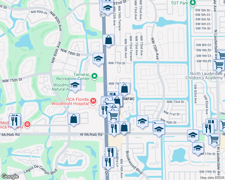 map of restaurants, bars, coffee shops, grocery stores, and more near 7512 Northwest 75th Street in Tamarac