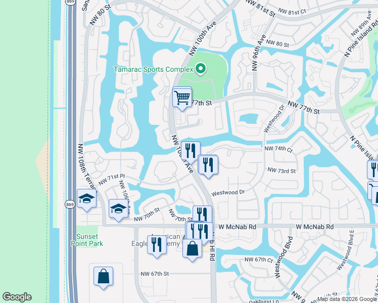 map of restaurants, bars, coffee shops, grocery stores, and more near 9953 North Belfort Circle in Tamarac