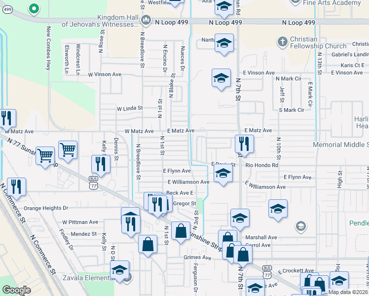 map of restaurants, bars, coffee shops, grocery stores, and more near 213 Hurst Avenue East in Harlingen