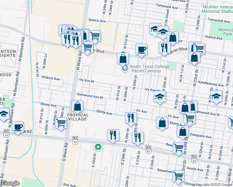 map of restaurants, bars, coffee shops, grocery stores, and more near 721 North 31st Street in McAllen