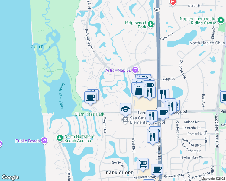 map of restaurants, bars, coffee shops, grocery stores, and more near 629 Bridge Way Lane in Naples