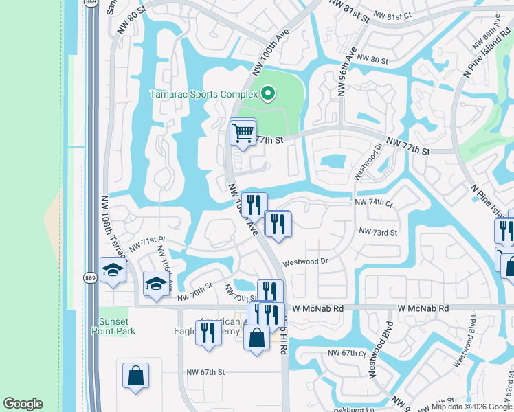 map of restaurants, bars, coffee shops, grocery stores, and more near 9953 North Belfort Circle in Tamarac