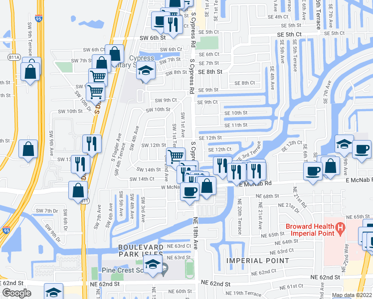 map of restaurants, bars, coffee shops, grocery stores, and more near 1264 Southwest 1st Avenue in Pompano Beach